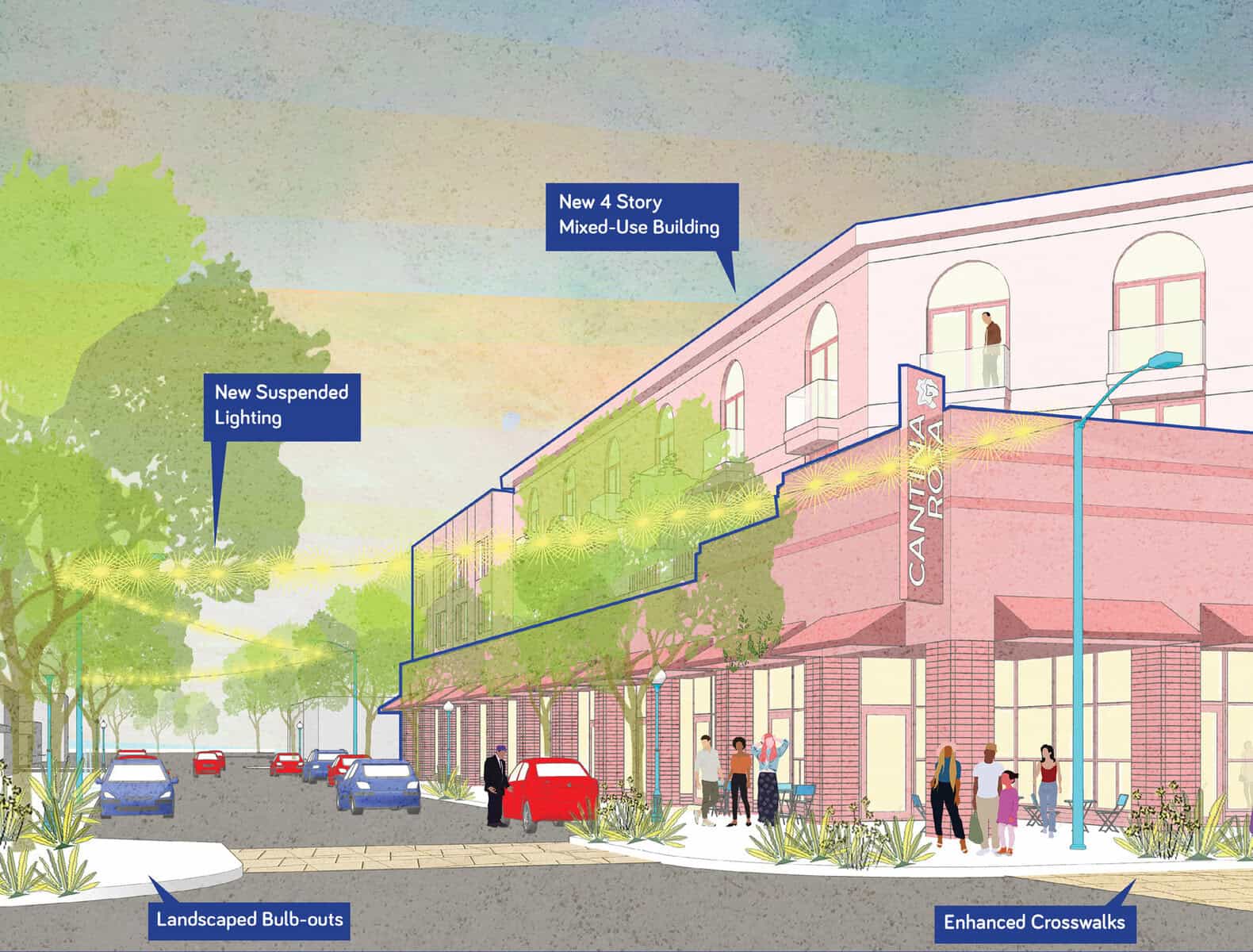 Architectural rendering of a vibrant urban street with mixed-use buildings and public spaces.