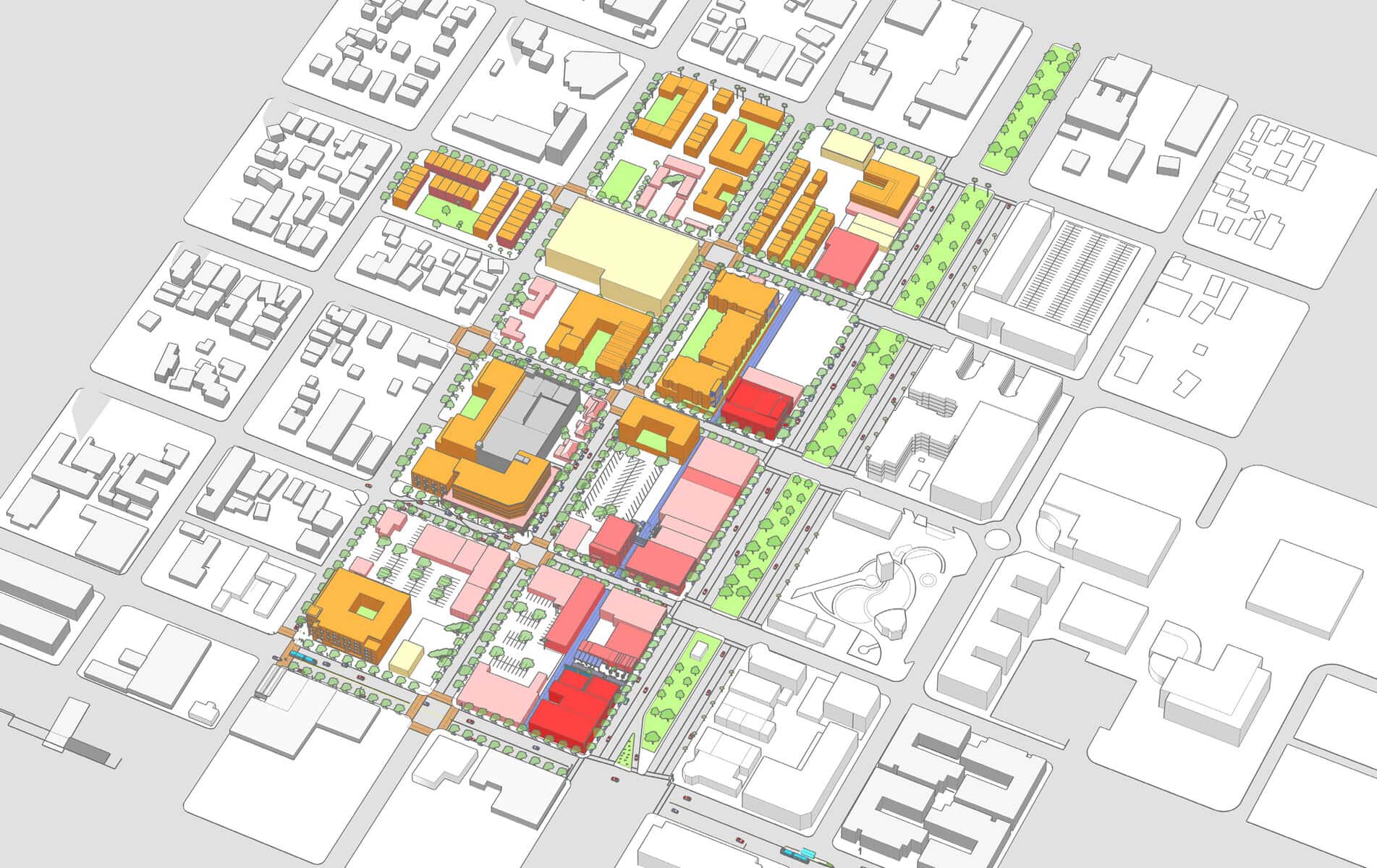 Color-coded urban planning map showing building zones and streets.