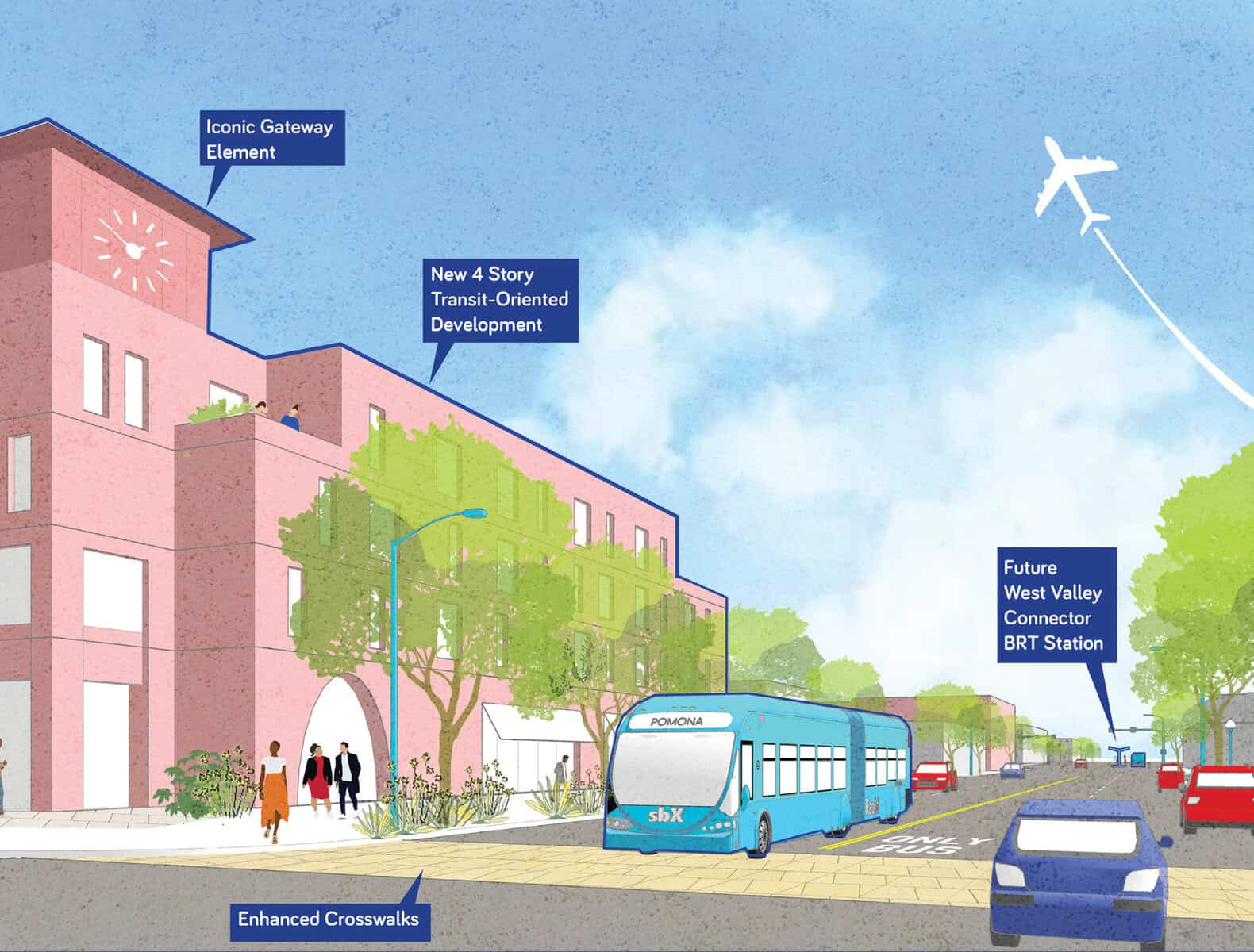 Bus stop near a campus with directional signs and a plane in the sky.