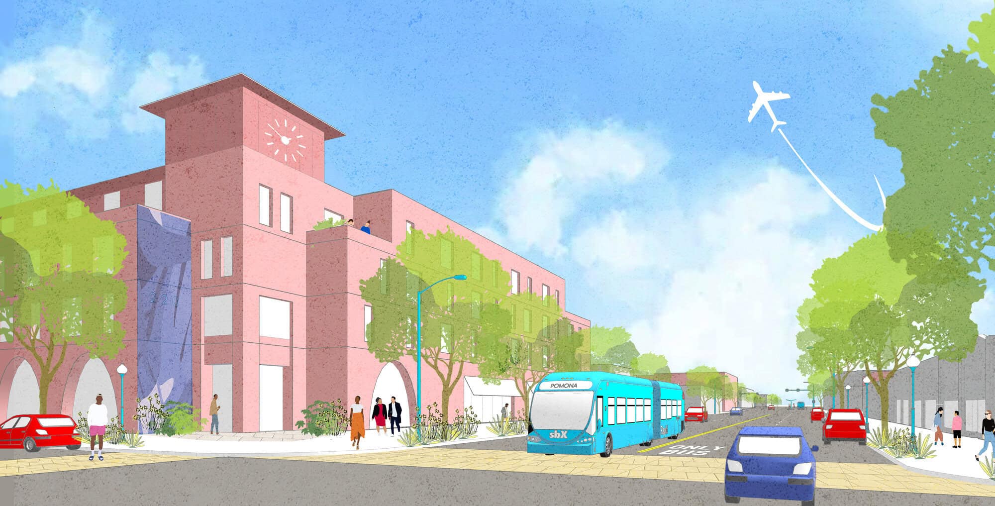A bright street scene with pink buildings, green trees, and a blue bus under a clear sky.