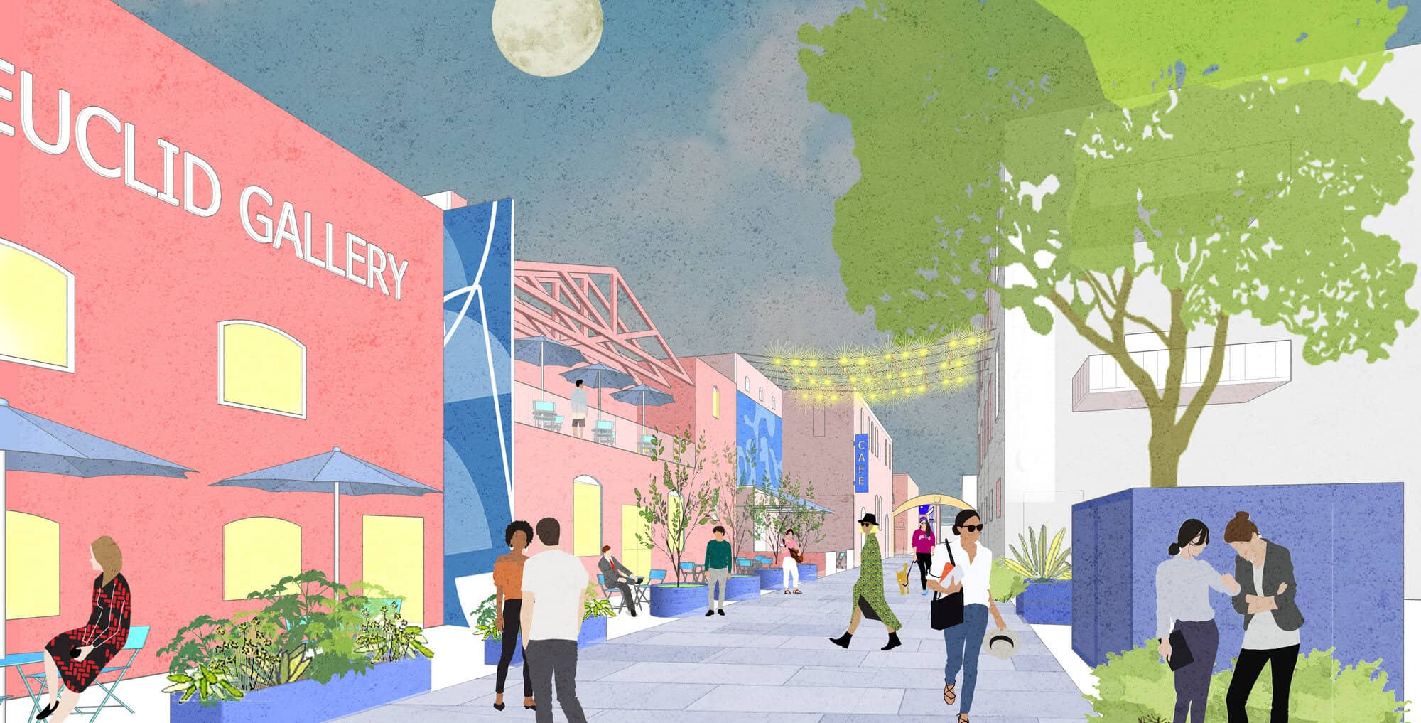 A vibrant urban street scene with people walking under a bright sky and greenery.