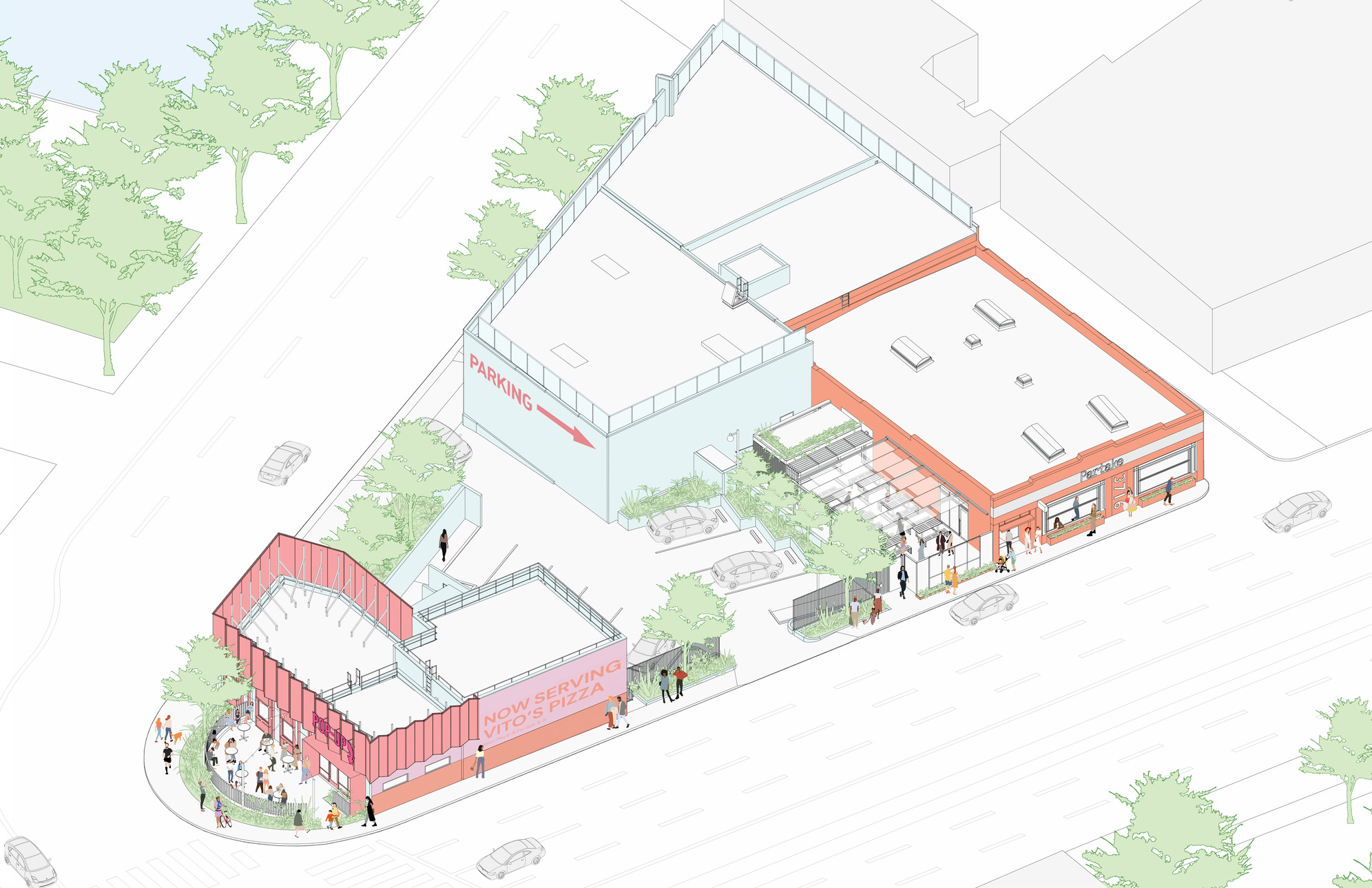 Architectural site plan showing building layout and landscaping details.