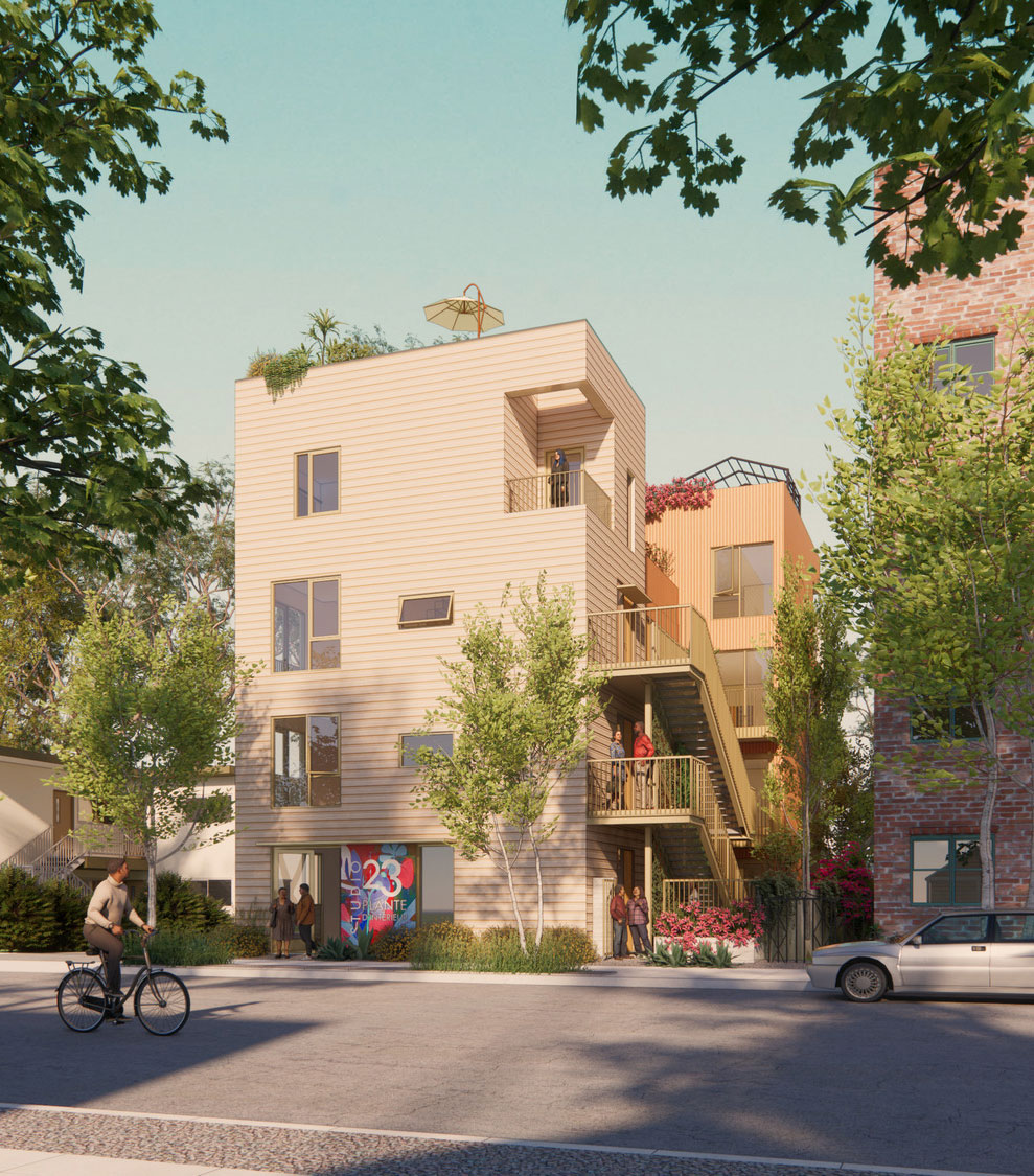 Modern apartment buildings with greenery and balconies on a sunny day.
