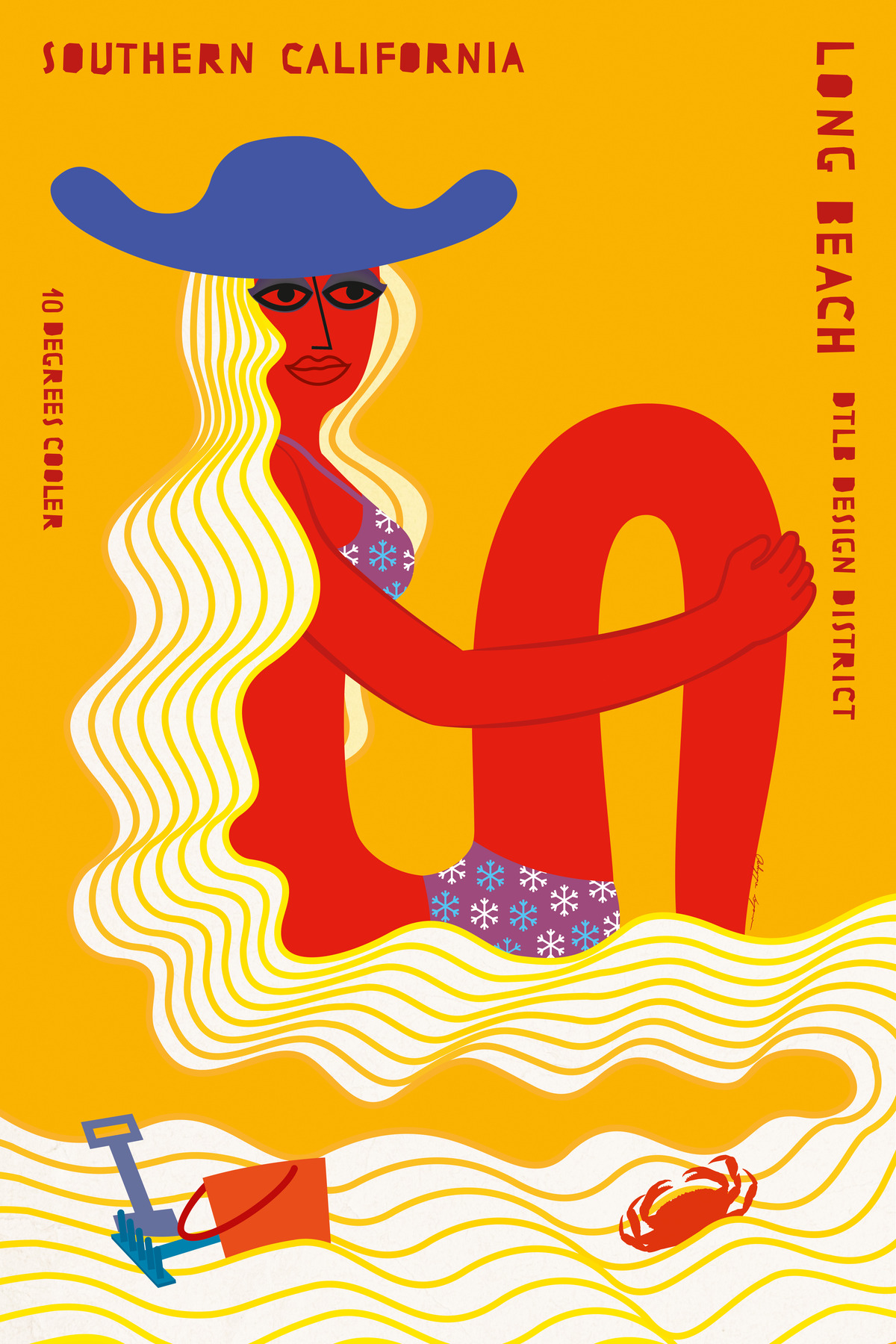 Illustration of a red-skinned woman holding a large letter A with long white hair.