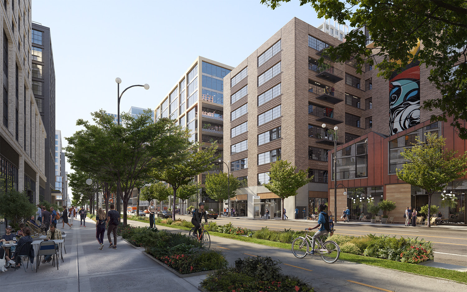 A vibrant urban street with modern buildings, cyclists, and pedestrians.