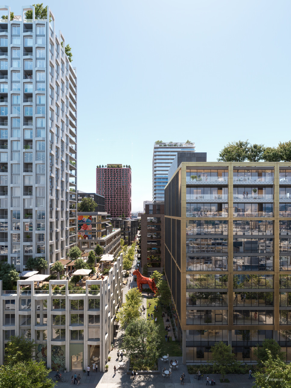 Urban cityscape with modern buildings and tree-lined streets.